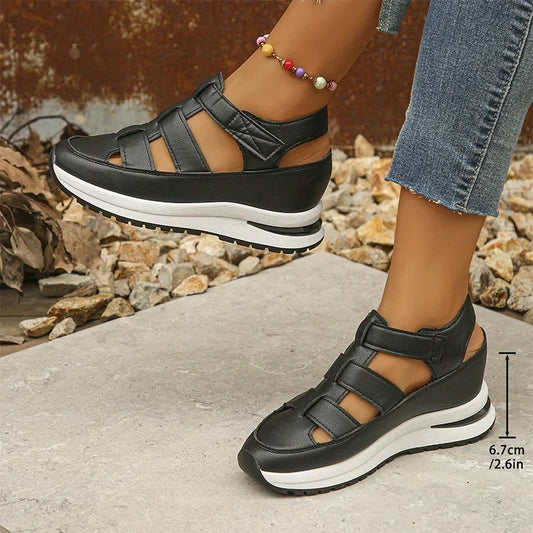 Women's cut-out platform sneakers with hook-and-loop straps – Black
