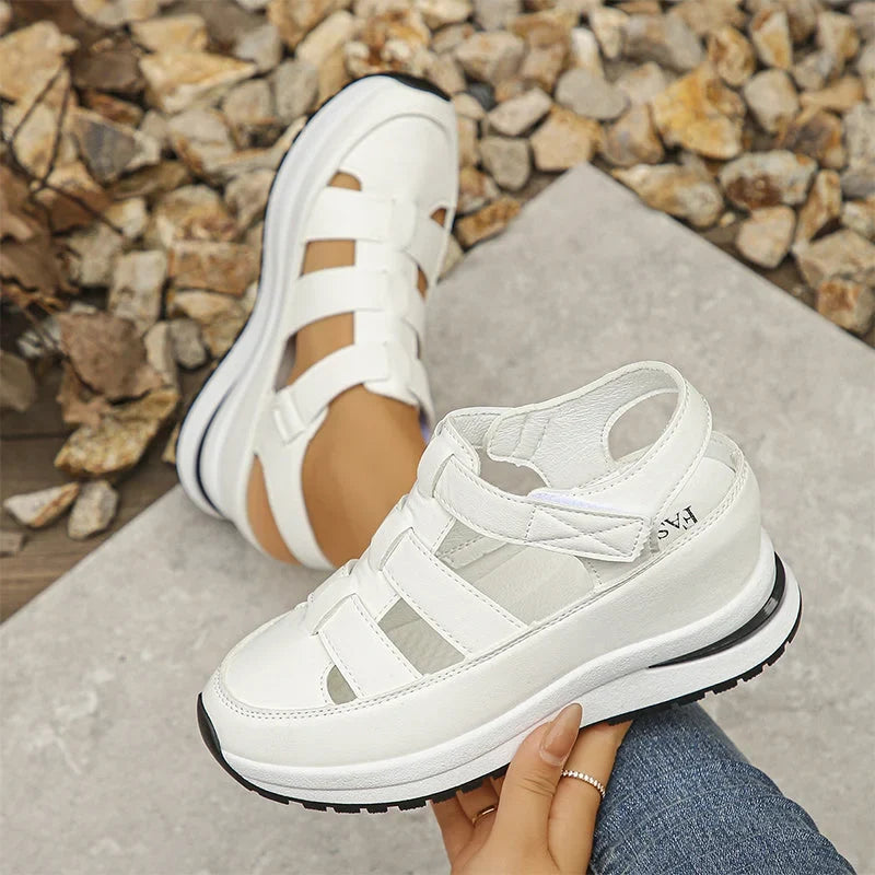 Women's cut-out platform sneakers with hook-and-loop straps – White