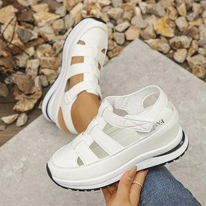 Women's cut-out platform sneakers with hook-and-loop straps – White