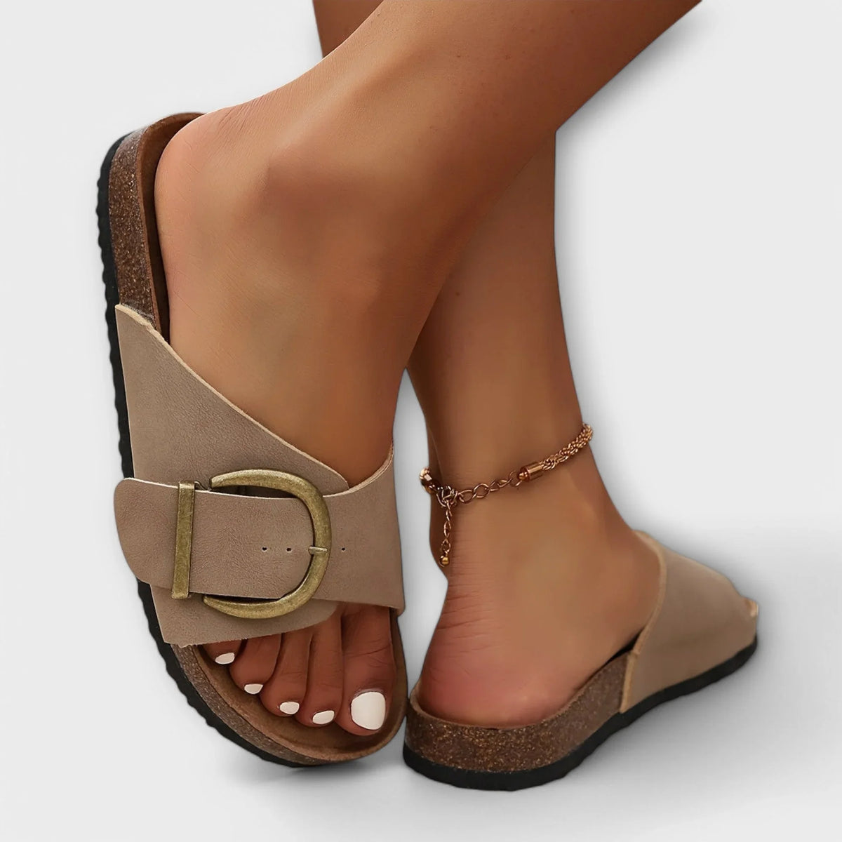 Women's faux-leather cork-footbed slide sandals with big buckle