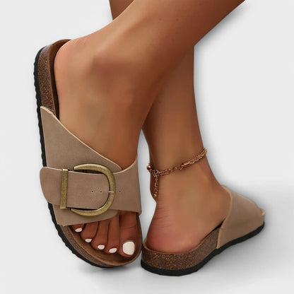 Women's faux-leather cork-footbed slide sandals with big buckle