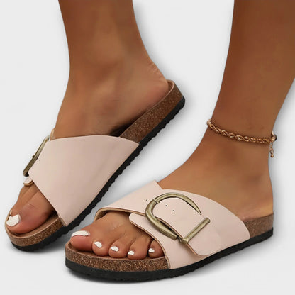 Women's faux-leather cork-footbed slide sandals with big buckle – Creme