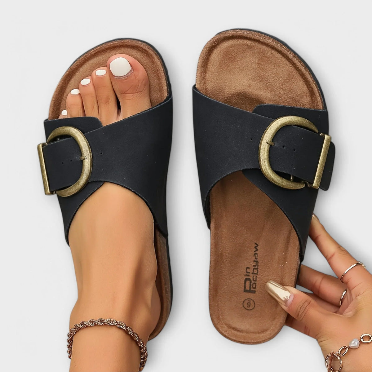 Women's faux-leather cork-footbed slide sandals with big buckle