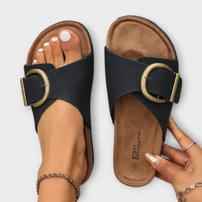 Women's faux-leather cork-footbed slide sandals with big buckle