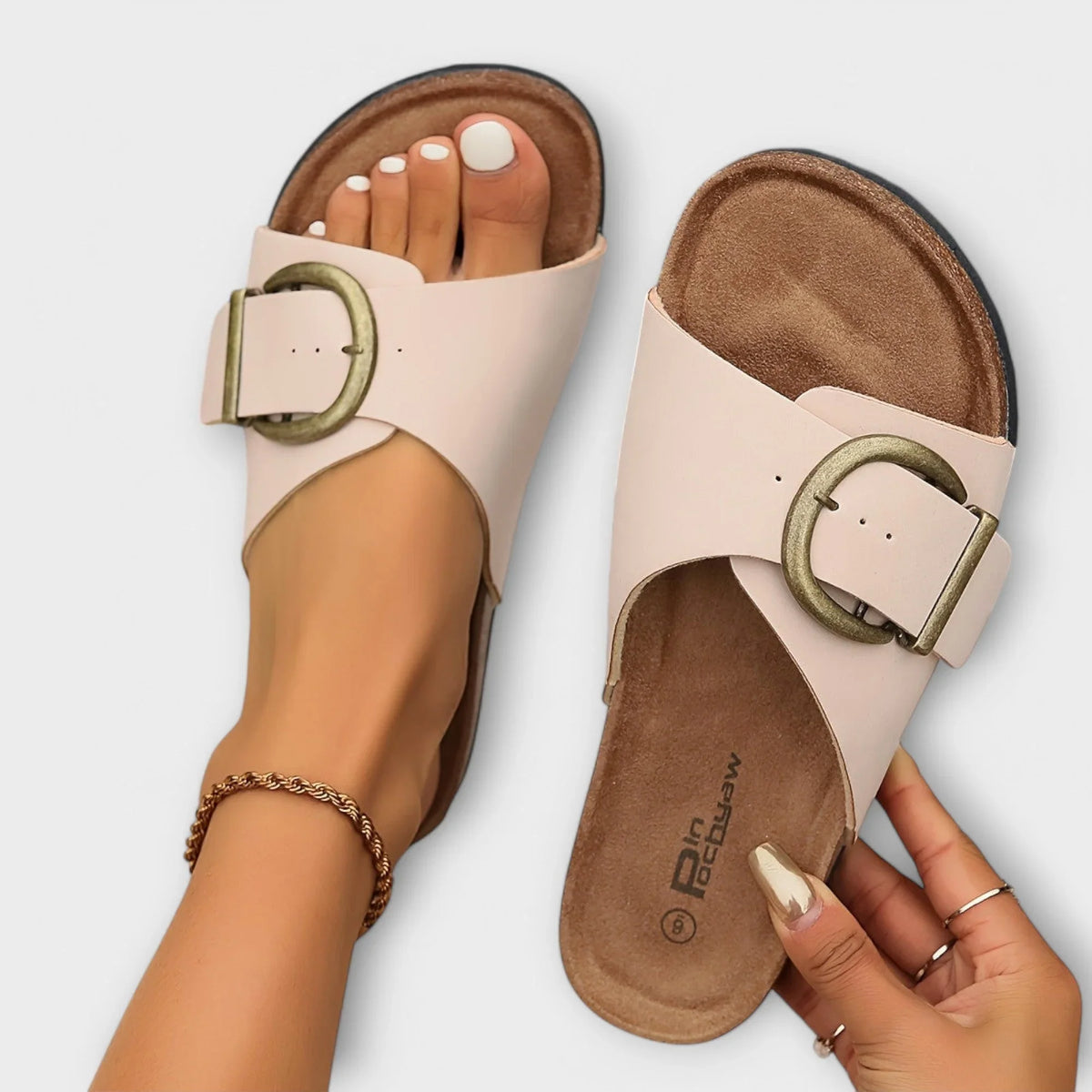Women's faux-leather cork-footbed slide sandals with big buckle