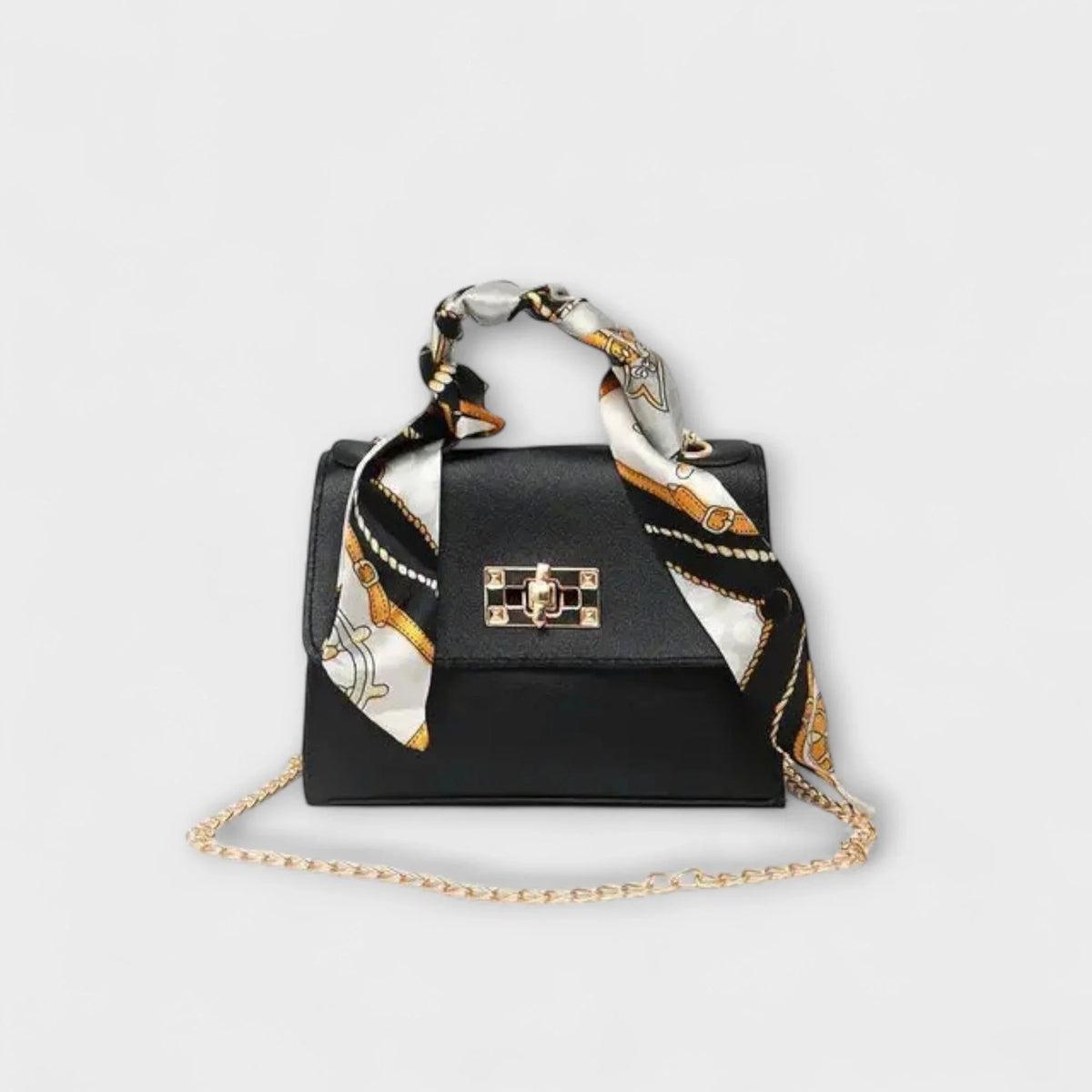 Women's faux leather scarf-handle handbag with chain strap – Black
