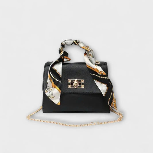 Women's faux leather scarf-handle handbag with chain strap – Black