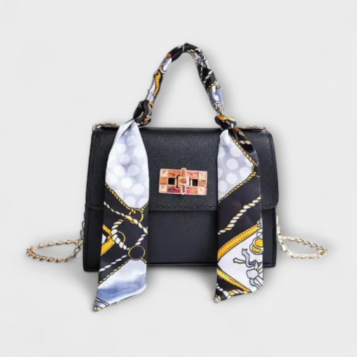 Women's faux leather scarf-handle handbag with chain strap – Black Crocodile
