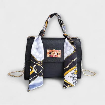 Women's faux leather scarf-handle handbag with chain strap – Black Crocodile
