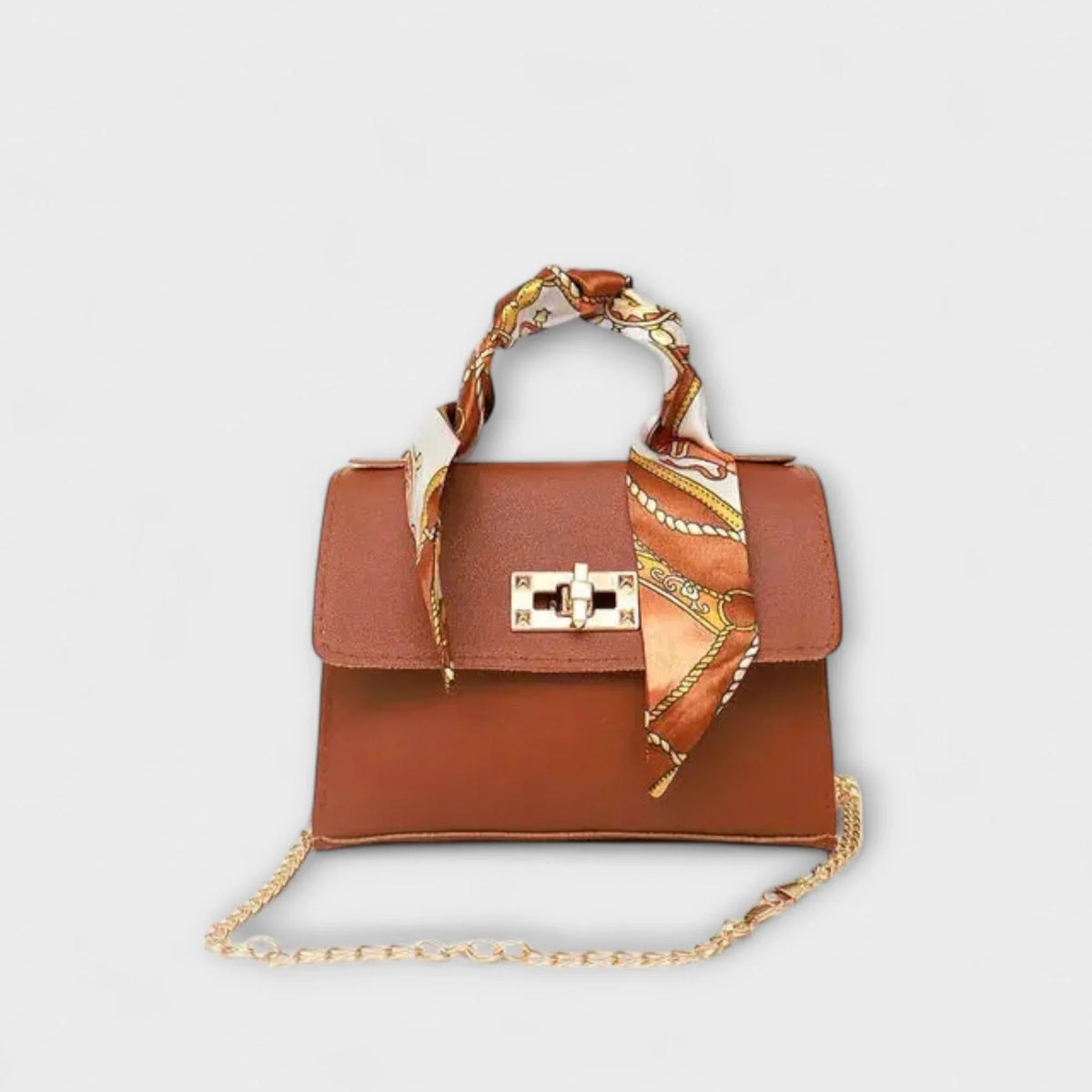 Women's faux leather scarf-handle handbag with chain strap – Brown