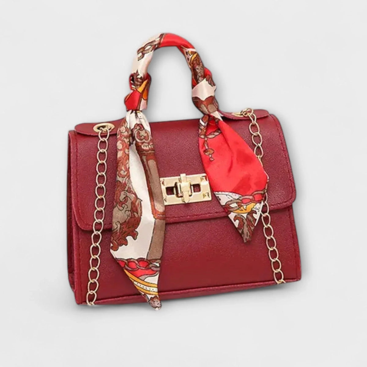Women's faux leather scarf-handle handbag with chain strap – Burgundy
