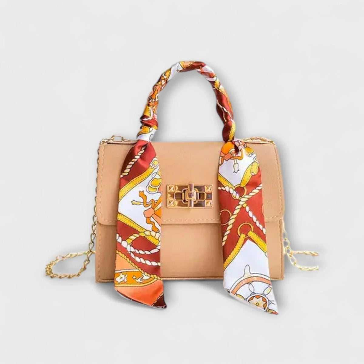 Women's faux leather scarf-handle handbag with chain strap – Light Brown