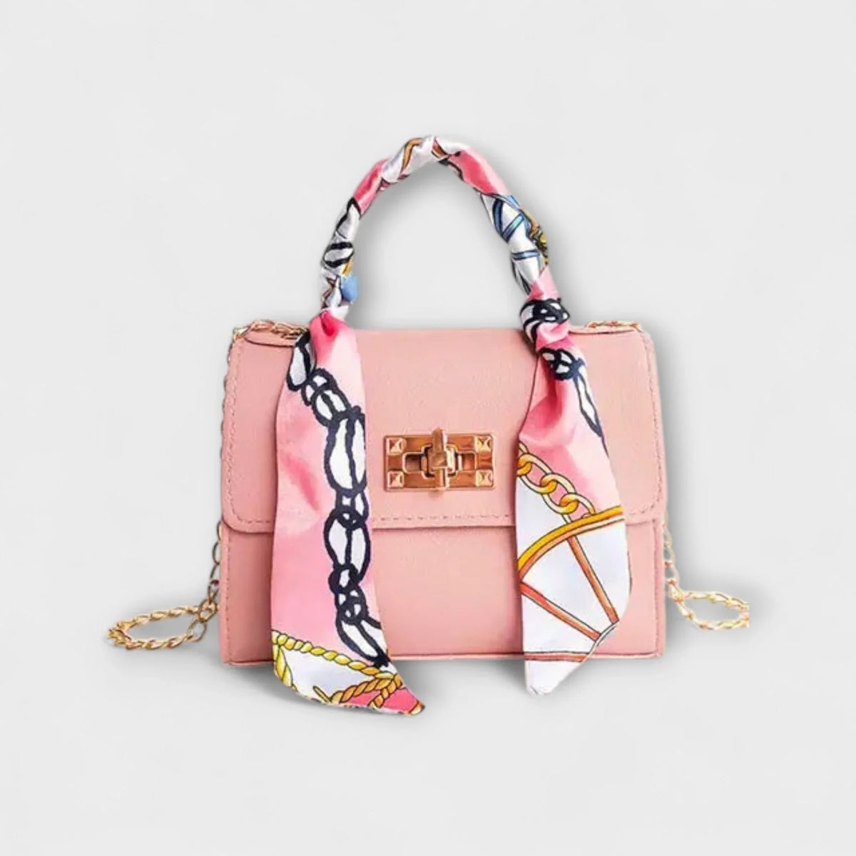 Women's faux leather scarf-handle handbag with chain strap – Pink