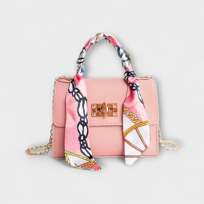 Women's faux leather scarf-handle handbag with chain strap – Pink