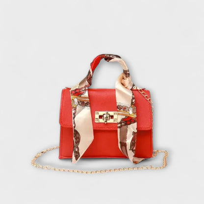 Women's faux leather scarf-handle handbag with chain strap – Red