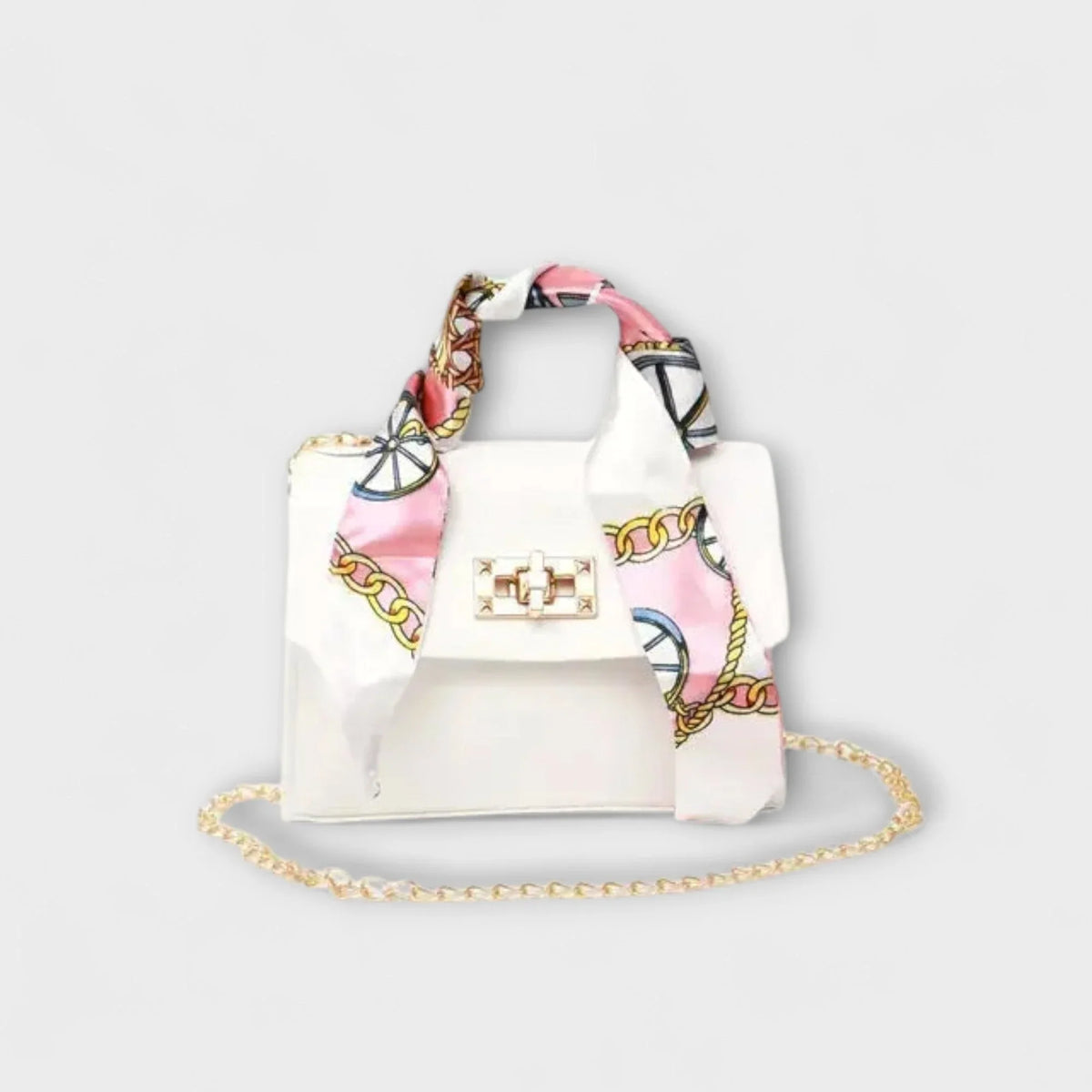 Women's faux leather scarf-handle handbag with chain strap – White