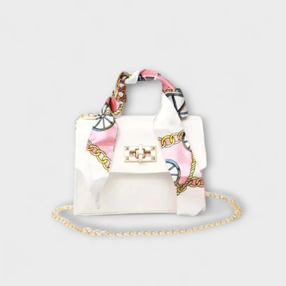 Women's faux leather scarf-handle handbag with chain strap – White