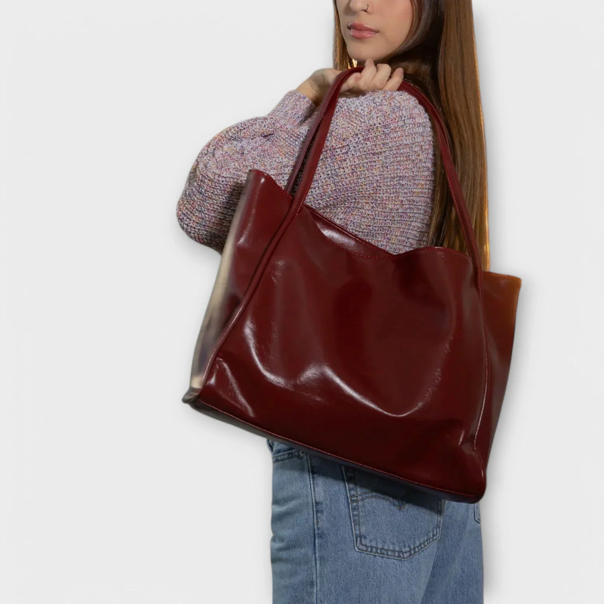 Women's faux-leather tote bag with open-top and thin straps