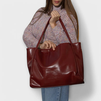 Women's faux-leather tote bag with open-top and thin straps