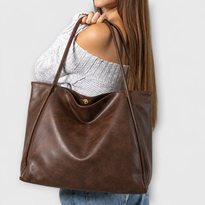 Women's faux-leather tote bag with open-top and thin straps