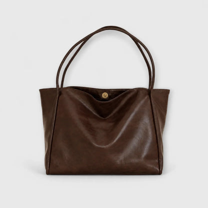 Women's faux-leather tote bag with open-top and thin straps – Dark Brown