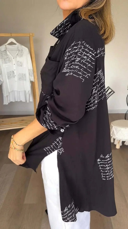 Women's handwritten script print oversized shirt with button-up long sleeve