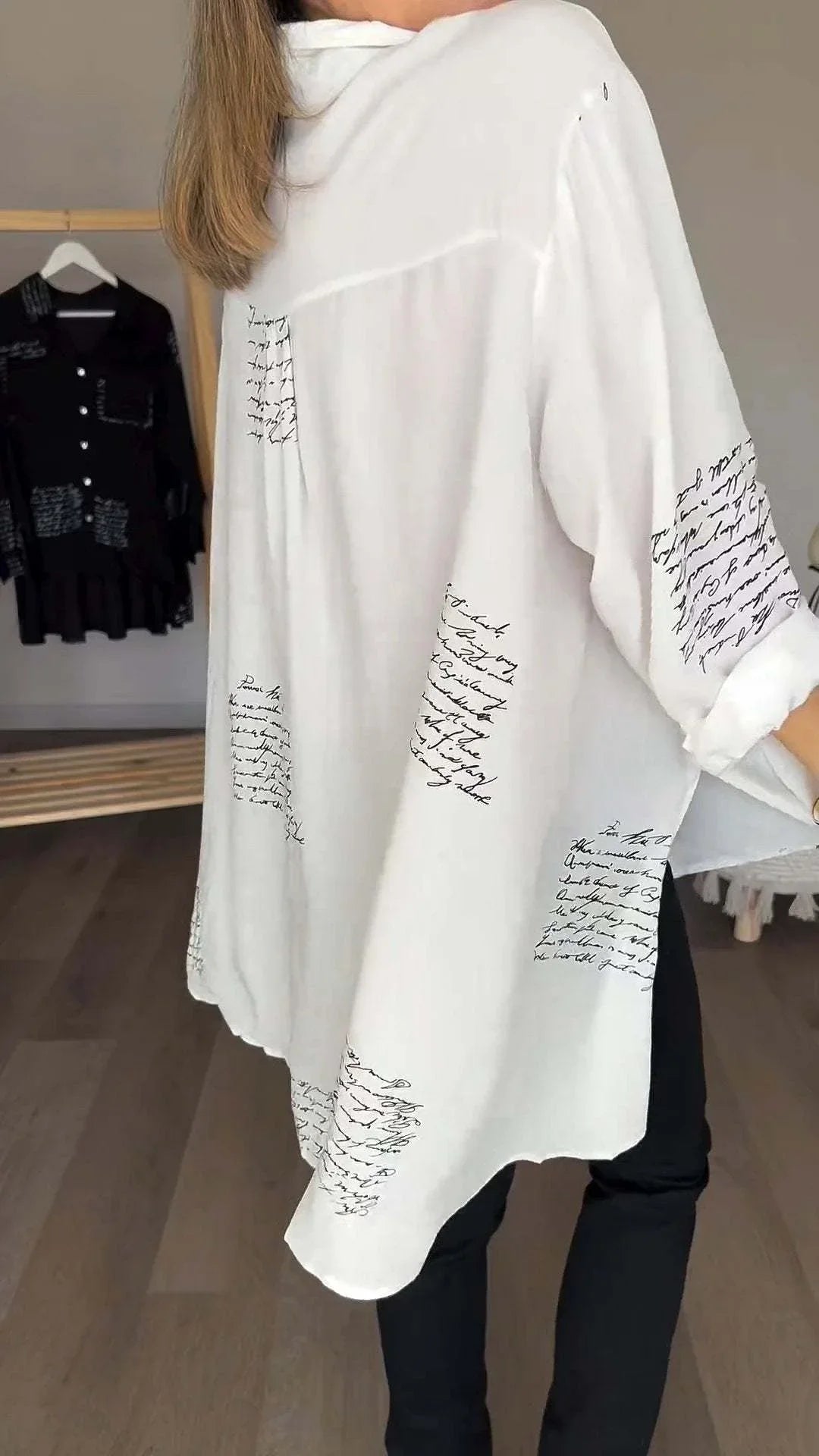 Women's handwritten script print oversized shirt with button-up long sleeve