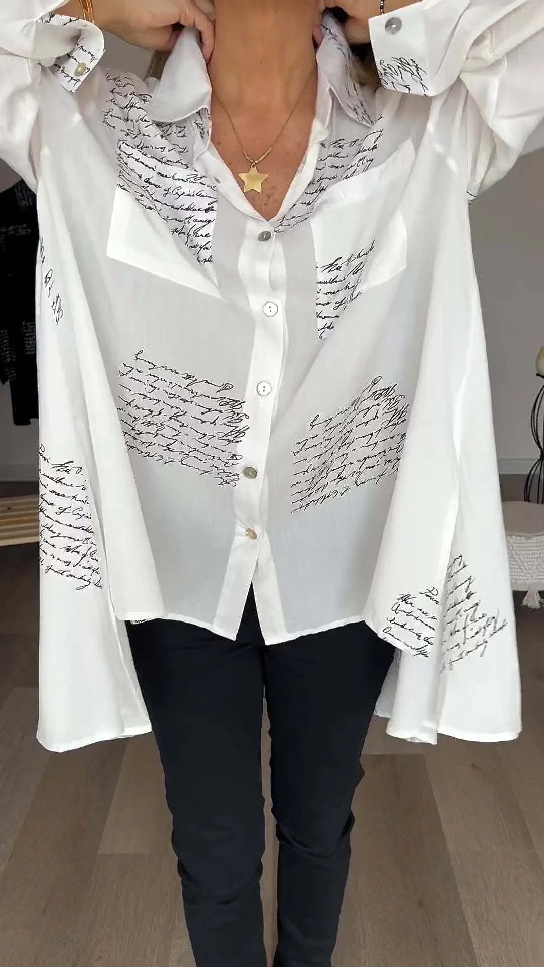 Women's handwritten script print oversized shirt with button-up long sleeve