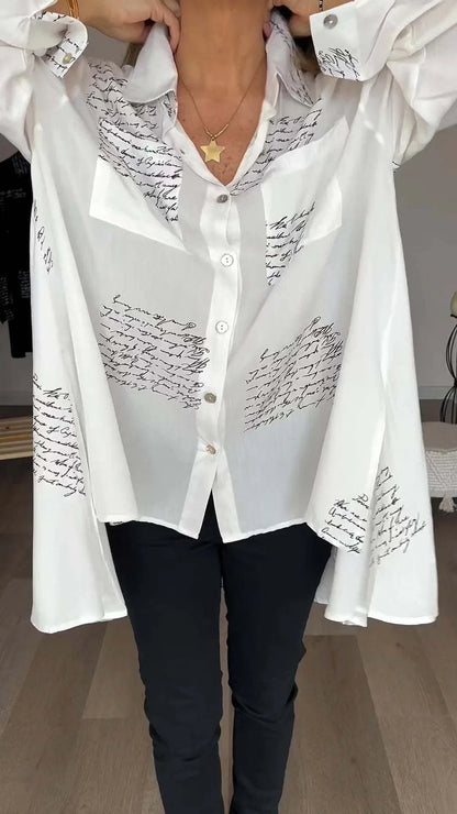 Women's handwritten script print oversized shirt with button-up long sleeve