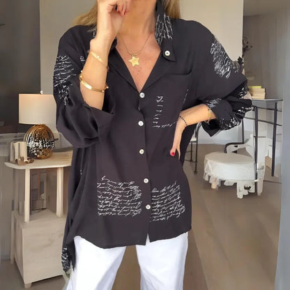 Women's handwritten script print oversized shirt with button-up long sleeve – Black (Almost sold out)