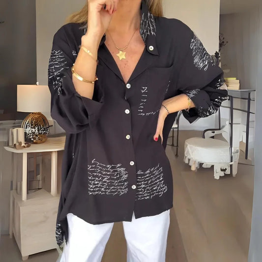 Women's handwritten script print oversized shirt with button-up long sleeve – Black (Almost sold out)