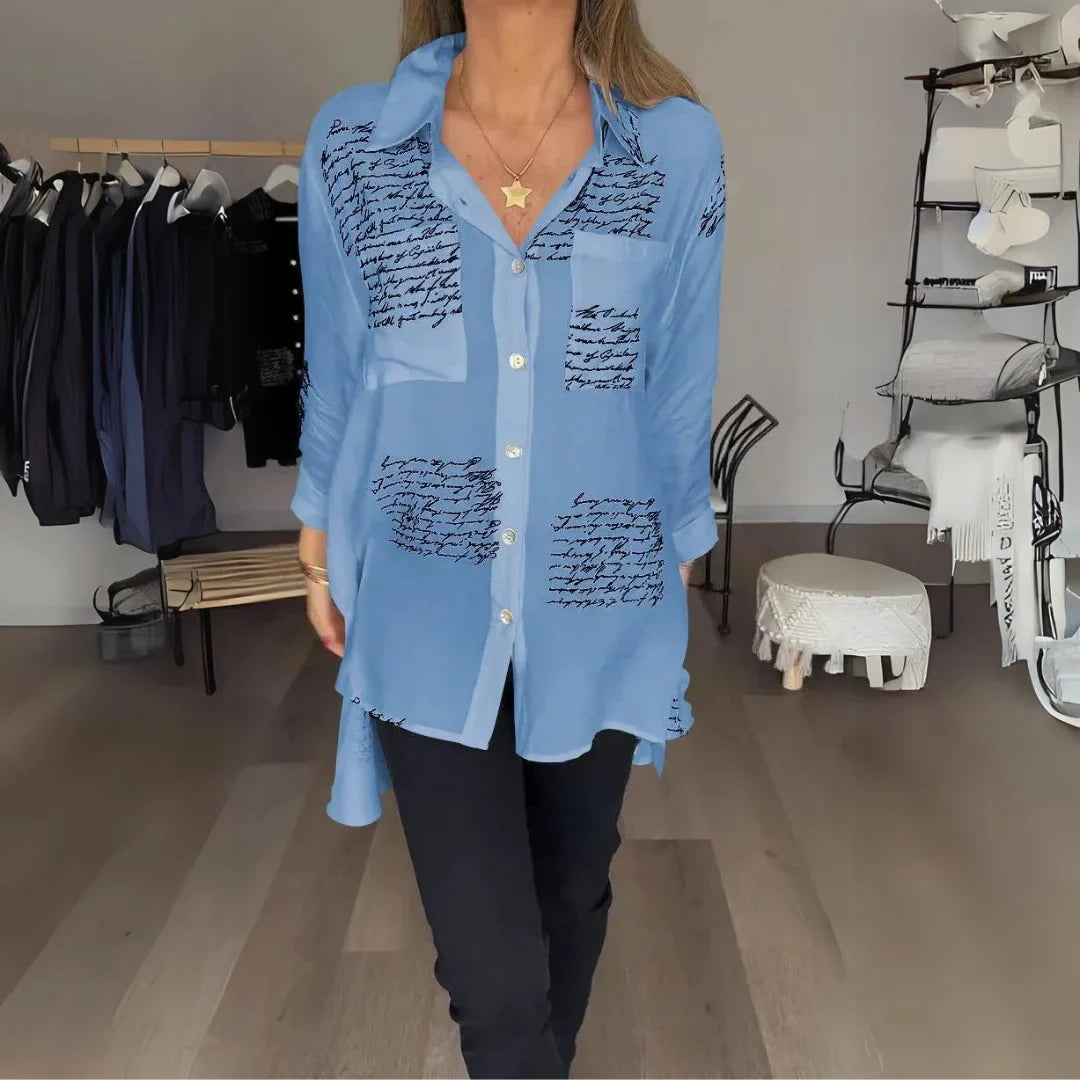 Women's handwritten script print oversized shirt with button-up long sleeve – Blue