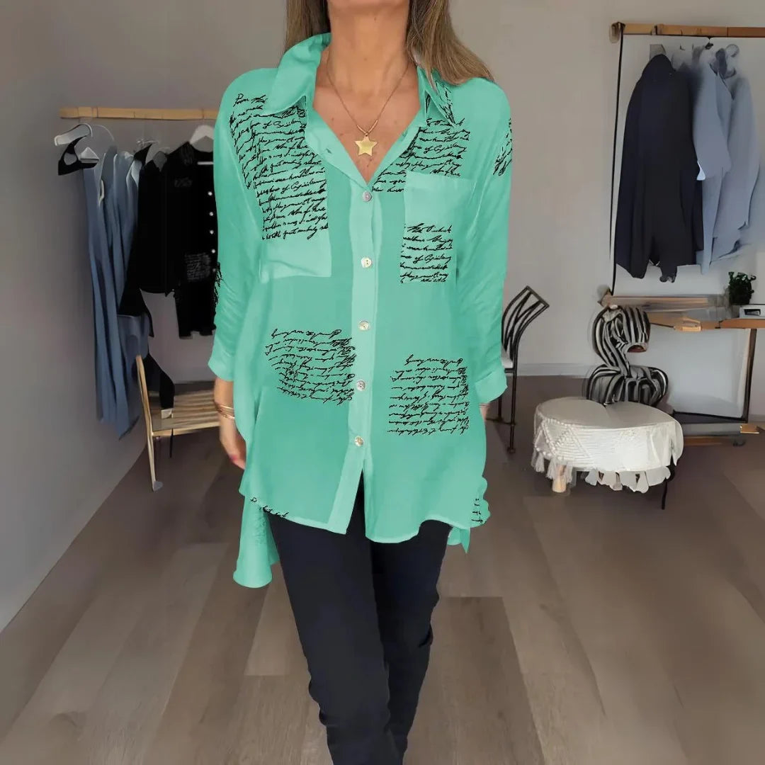 Women's handwritten script print oversized shirt with button-up long sleeve – Green