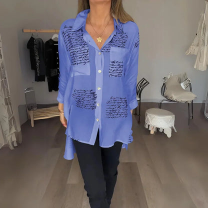 Women's handwritten script print oversized shirt with button-up long sleeve – Purple