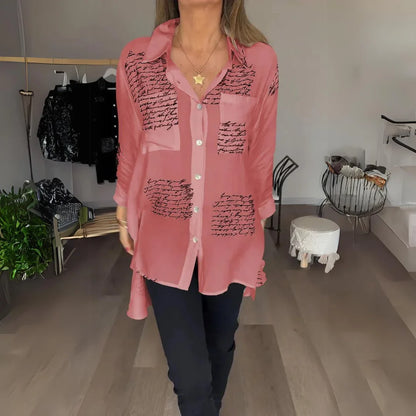 Women's handwritten script print oversized shirt with button-up long sleeve – Red (Almost sold out)