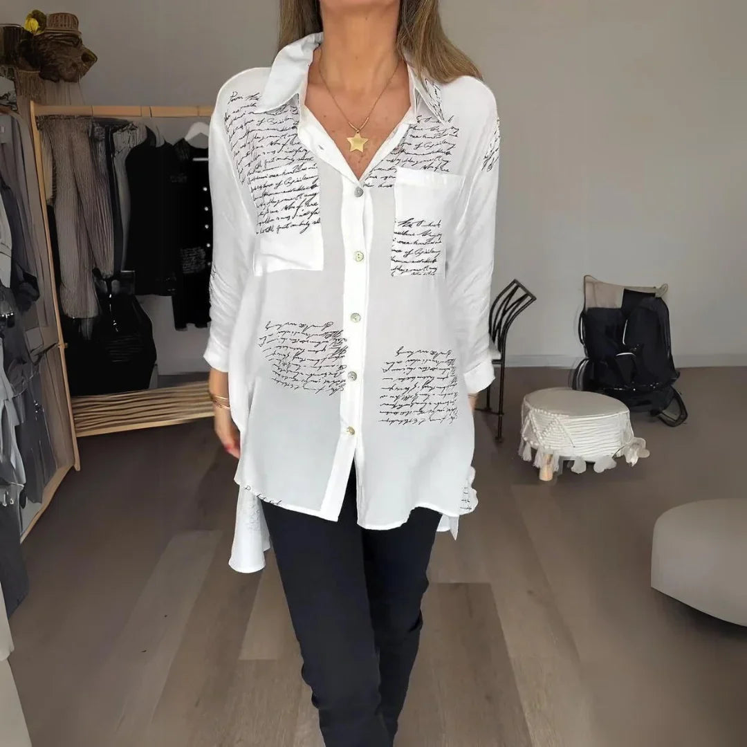 Women's handwritten script print oversized shirt with button-up long sleeve – White (Almost sold out)
