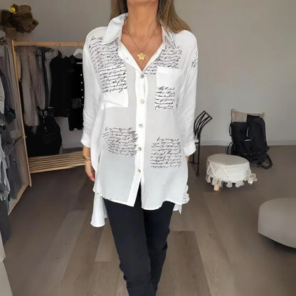 Women's handwritten script print oversized shirt with button-up long sleeve – White (Almost sold out)