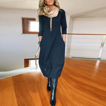 Women's knit 3/4-sleeve midi dress with round-neck and side pockets – Marine blue