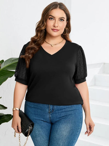 Women's knit dotted puff-sleeve blouse with V-neck