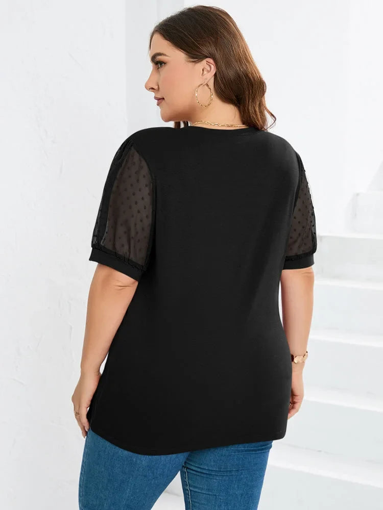 Women's knit dotted puff-sleeve blouse with V-neck
