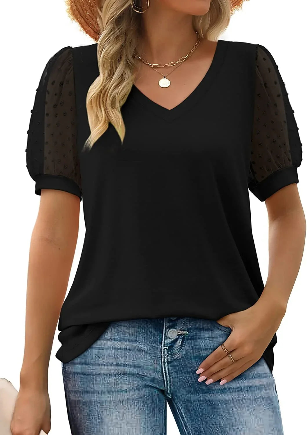 Women's knit dotted puff-sleeve blouse with V-neck – Black