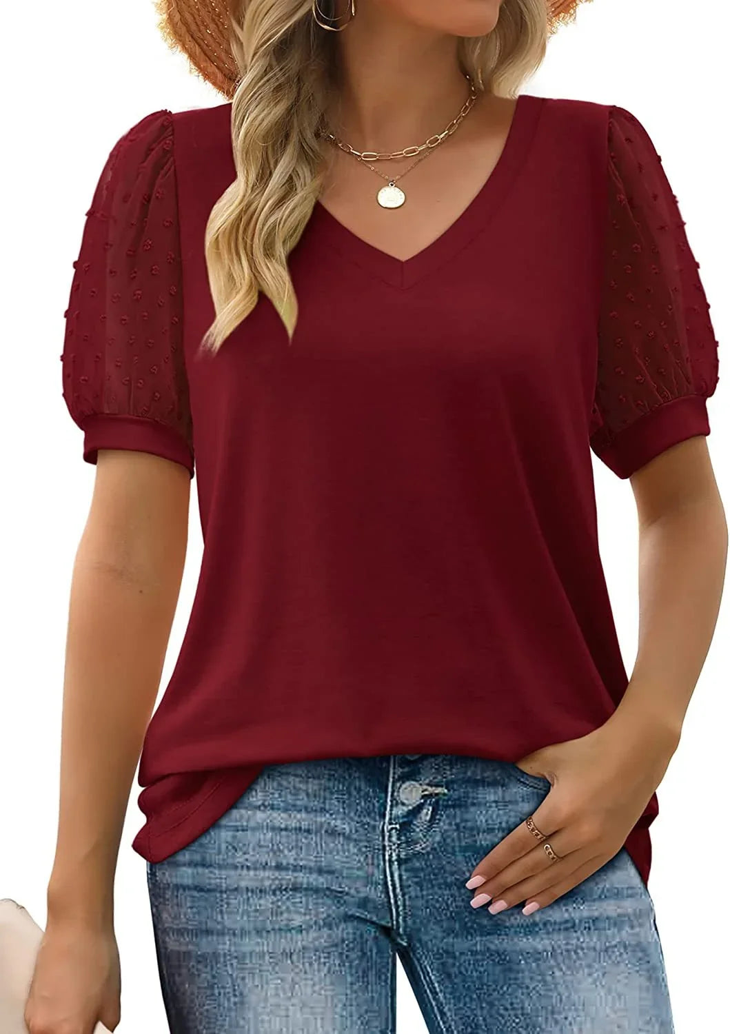 Women's knit dotted puff-sleeve blouse with V-neck – Burgundy Red