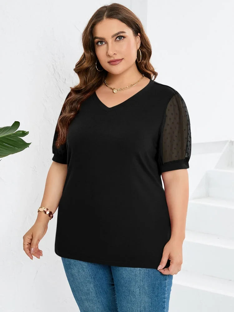 Women's knit dotted puff-sleeve blouse with V-neck