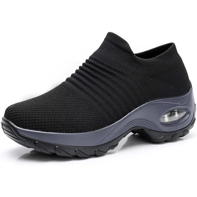 Women's knit slip-on sneakers with arch support and air-cushion sole – Black (Gray Sole)