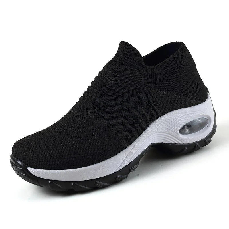 Women's knit slip-on sneakers with arch support and air-cushion sole – Black (White Sole)