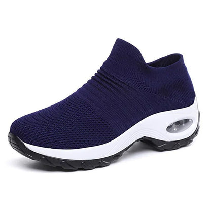 Women's knit slip-on sneakers with arch support and air-cushion sole – Blue (White Sole)