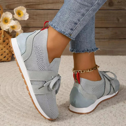Women's knit slip-on sneakers with bow-knot laces and striped sides