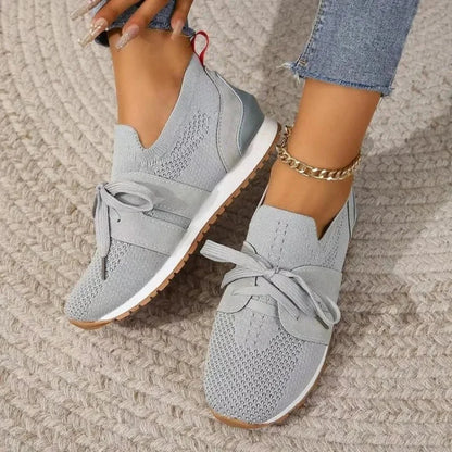Women's knit slip-on sneakers with bow-knot laces and striped sides – Grey