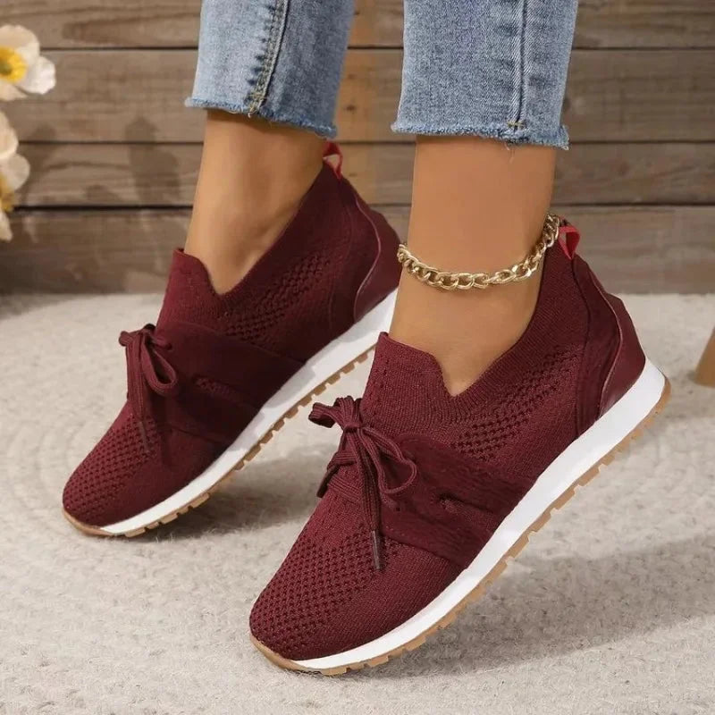Women's knit slip-on sneakers with bow-knot laces and striped sides – Red