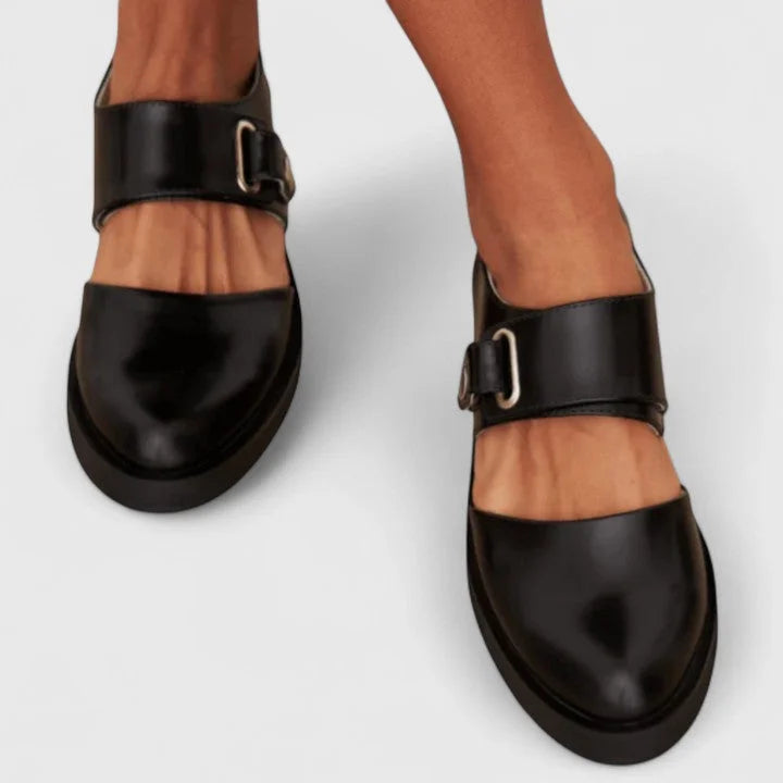 Women's leather buckle-strap Mary-Jane flats with cut-out sides – Black